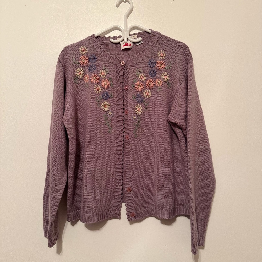 Vintage - 1980’s Embroidered Knit Purple Cardigan Sweater